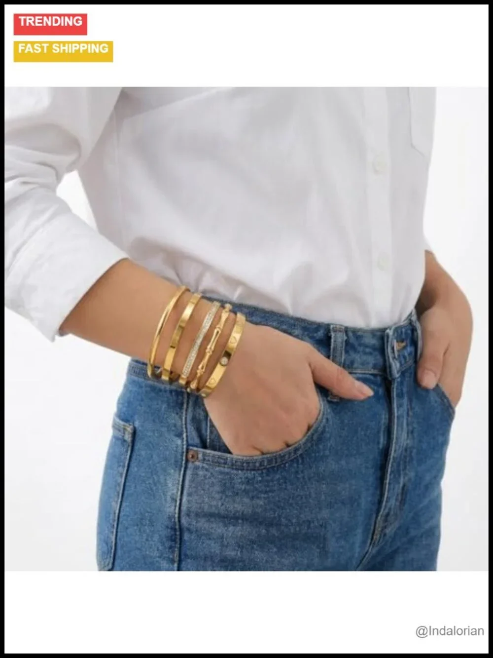 18K Gold Plated Bangle Bracelets Waterproof Stackable Stainless Steel Set